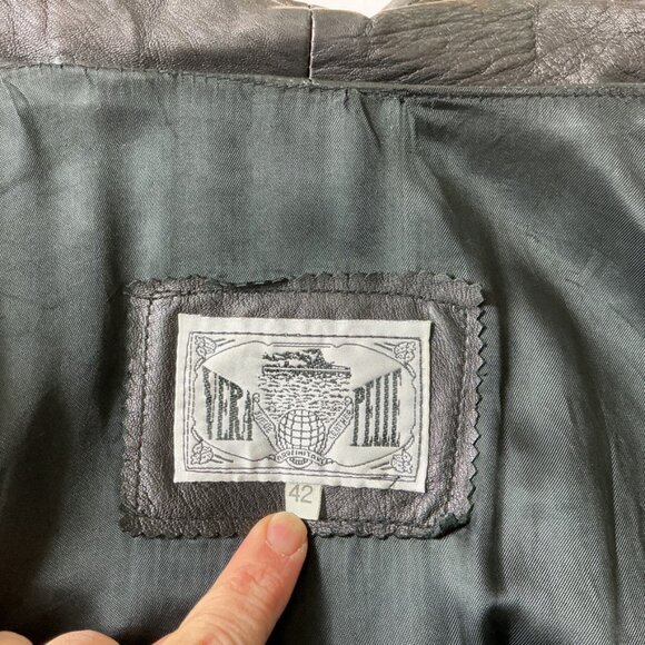 Vintage 80s Vera Pelle Black Leather Suede Patchwork Striped Long Coat 42 S/M - Picture 7 of 7